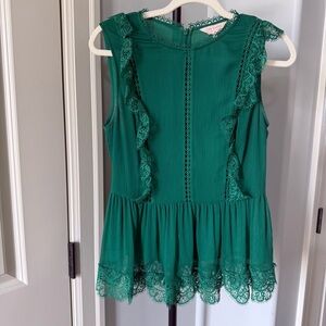 Ted Baker London Emerald Green Lace Trim Peplum Top Pleated Chiffon Size 2